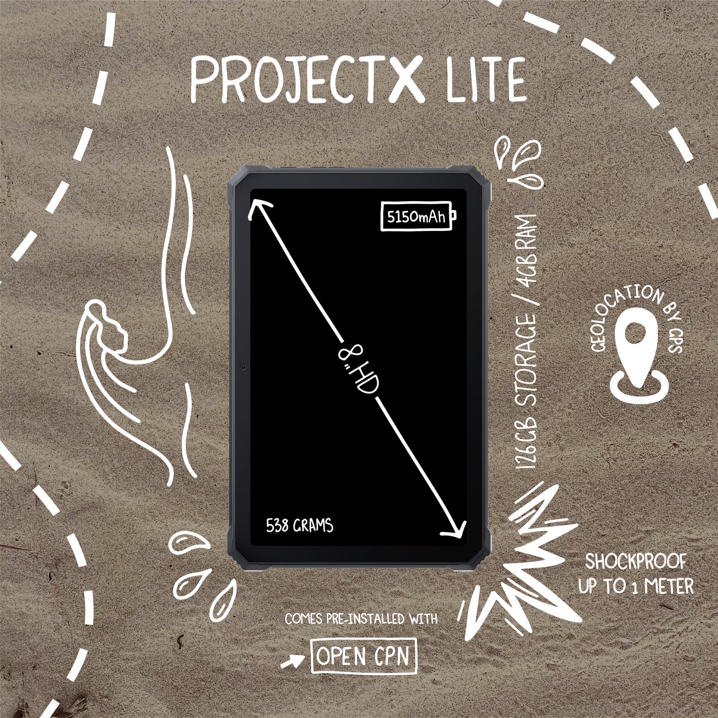 Compact ProjectX 8" Rugged Android Tablet – South West Pacific - 128GB + SD Storage